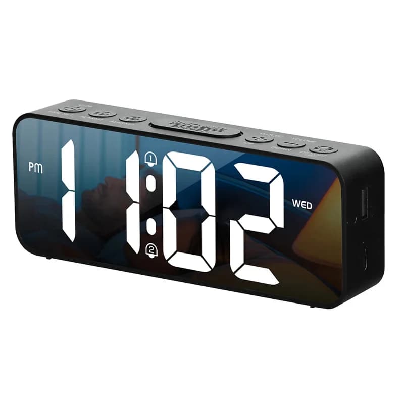 Digital Alarm Clock Week Temperature Snooze 2 Alarms Night Mode Table Clock 12/24H USB Output Charging Port LED Mirror Clock