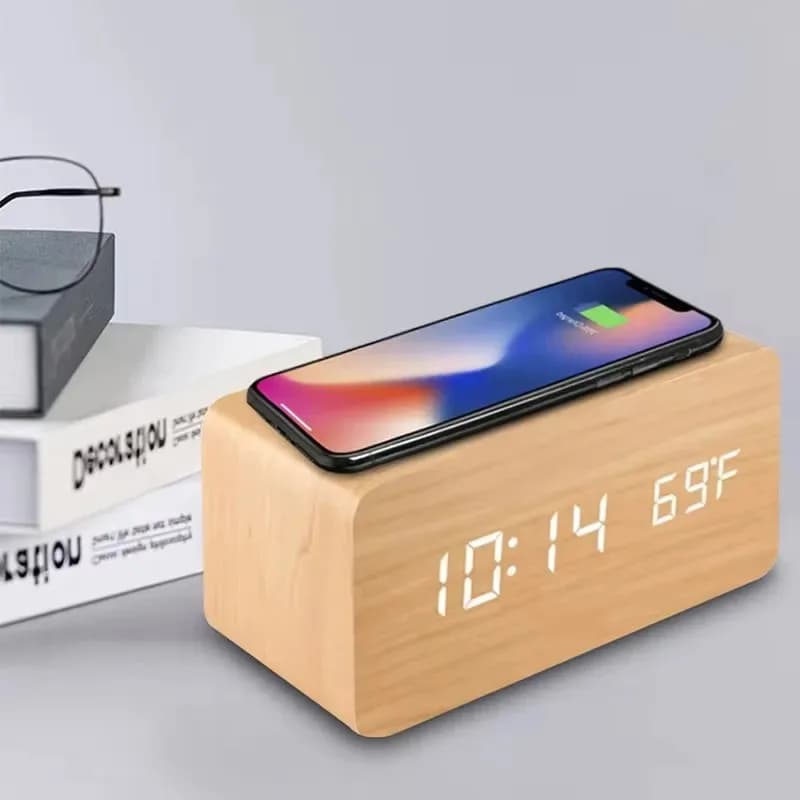 Alarm Clock LED Digital Wooden USB/AAA Powered Table Watch with Temperature Humidity Wireless Charging Electronic Desk Clocks