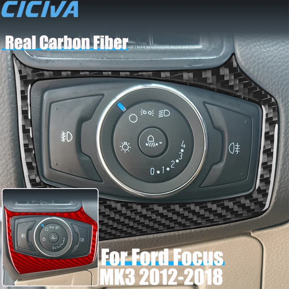 Real Carbon Fiber Car Accessories Headlight Switch Panel Decorative Cover Sticker Interior Trim For Ford Focus MK3 2012-2018
