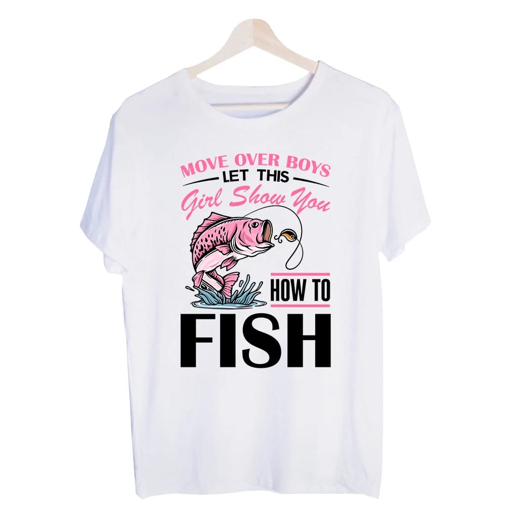 Women's Fish Graphic Slogan Tee, Short Sleeve Crew Neck T-Shirt for Casual Outdoor and Fishing Outfits