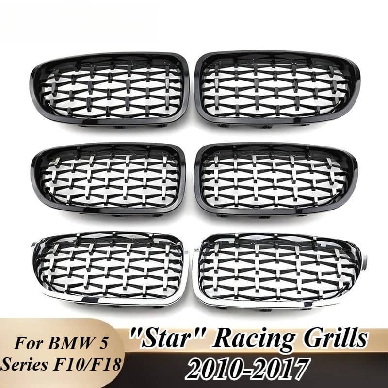 For BMW 5 Series F10 F18 2010-2017 Full Black Star Mesh Kidney Grille Front Bumper Grill Glossy Black Trendy Aggressive Tuning