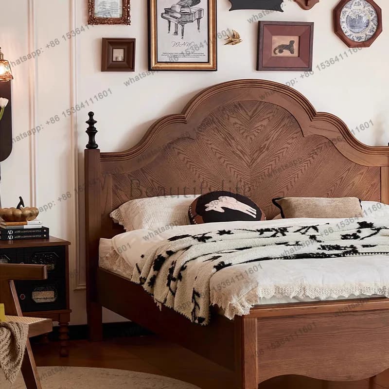 French retro solid wood bed antique bedroom furniture light luxury villa home master bed