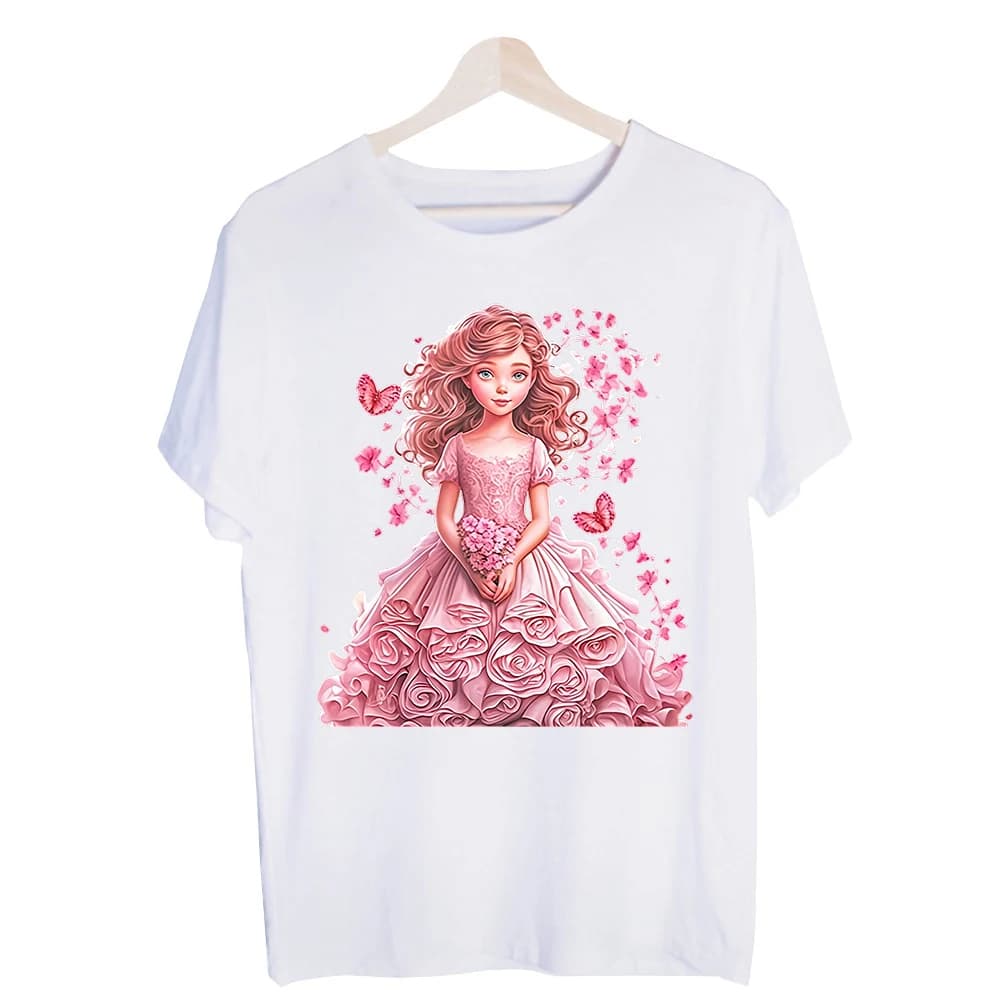Girls' Princess with Butterflies and Flowers Graphic Tee, Short Sleeve Casual T-Shirt for Daily Wear and Summer Outfits