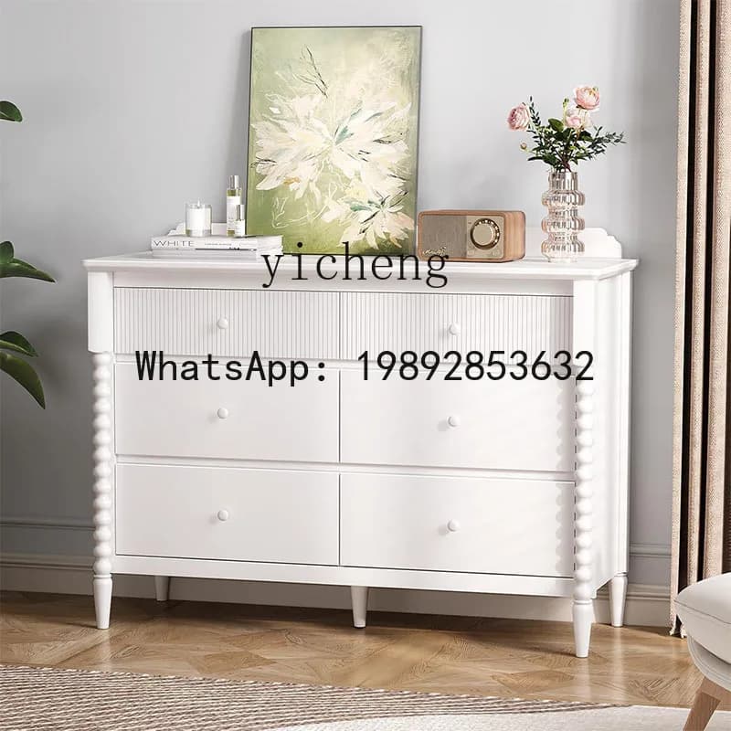 CC French Cream Wind Solid Wood Six Bucket Cabinet American Living Room Storage Against the Wall White Storage Cabinet