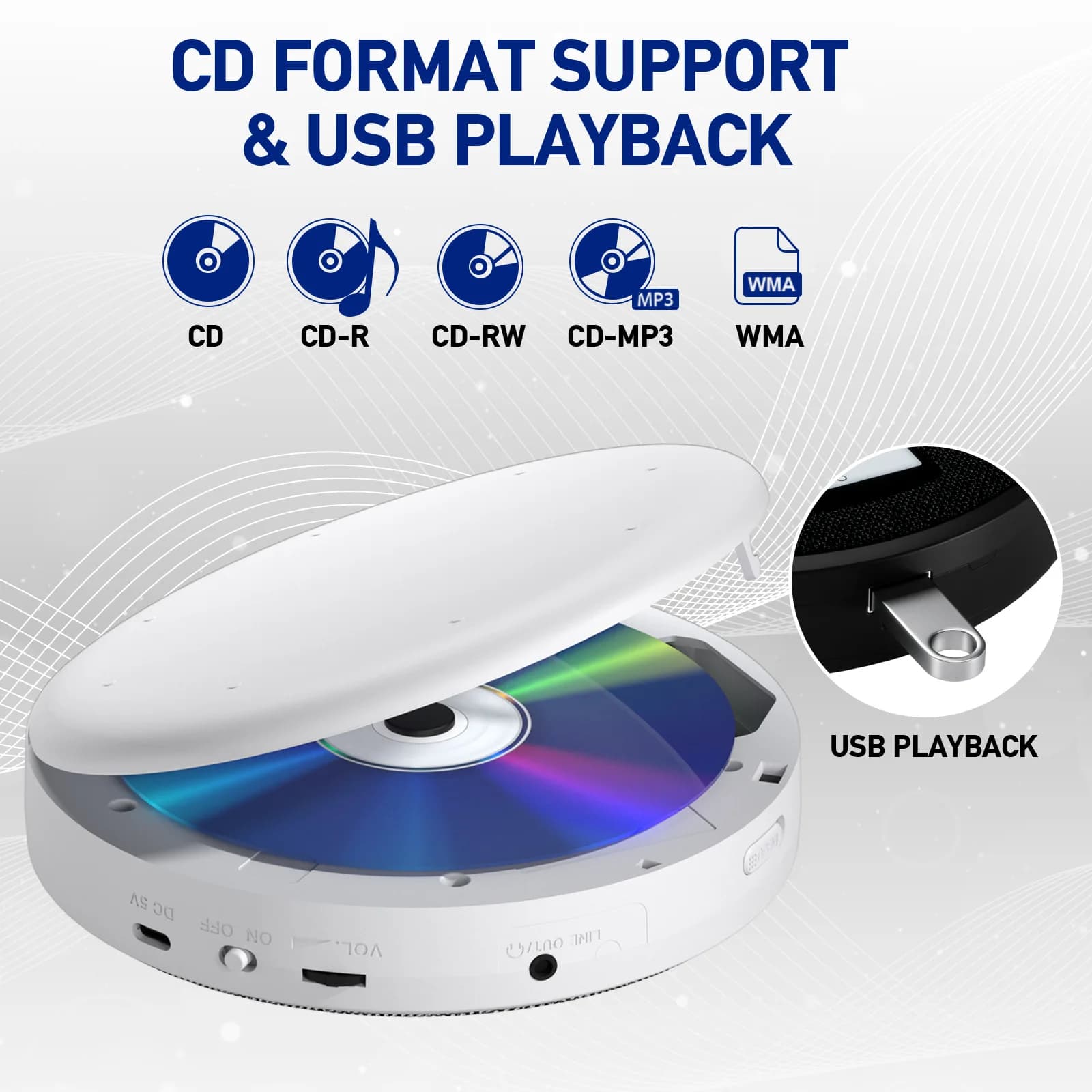 Multifunctional CD Player, Dual Bluetooth, FM Transmitter, USB Player, Dual Speakers, Fabric