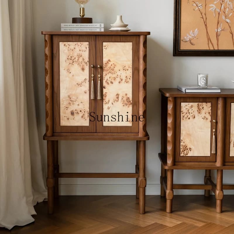 French retro solid wood porch cabinet household living room storage double door storage cabinet
