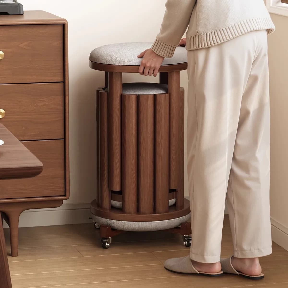 Solid wood stool for household use, stackable round stool, movable stackable stool, living room stool, combination stool