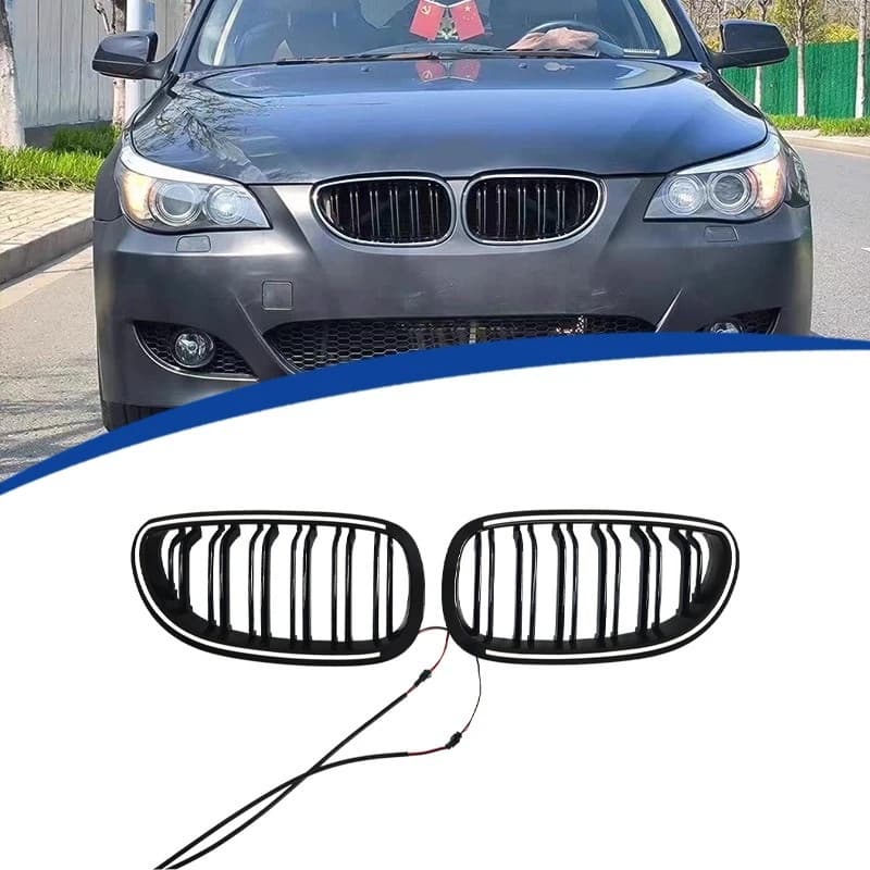 For BMW 5 Series E60 2004-2009 Dual Line LED Illuminated Gloss Black Front Grille PC Material Direct Fit Replacement Accessories