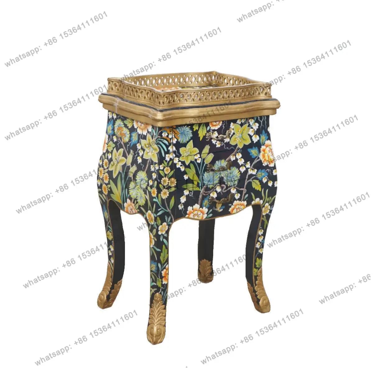 French classical solid wood hand-painted flower carving small square decorative cabinet