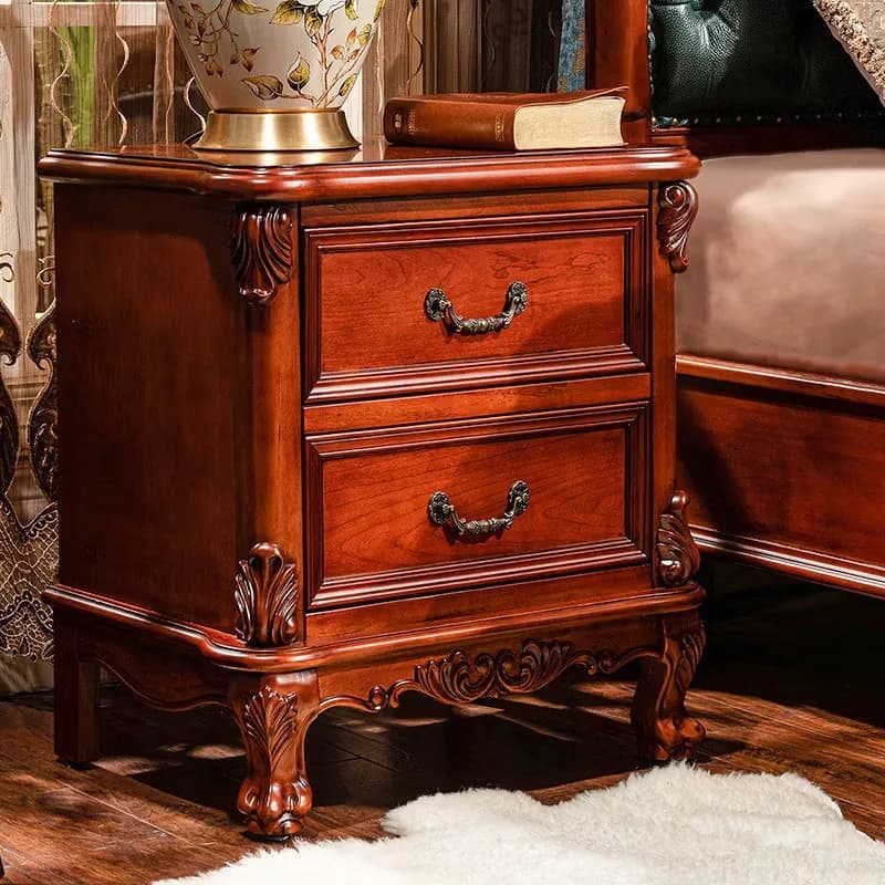 European/American Rustic Solid Wood Nightstand - 2-Drawer Storage Cabinet with Optional Fingerprint Lock
