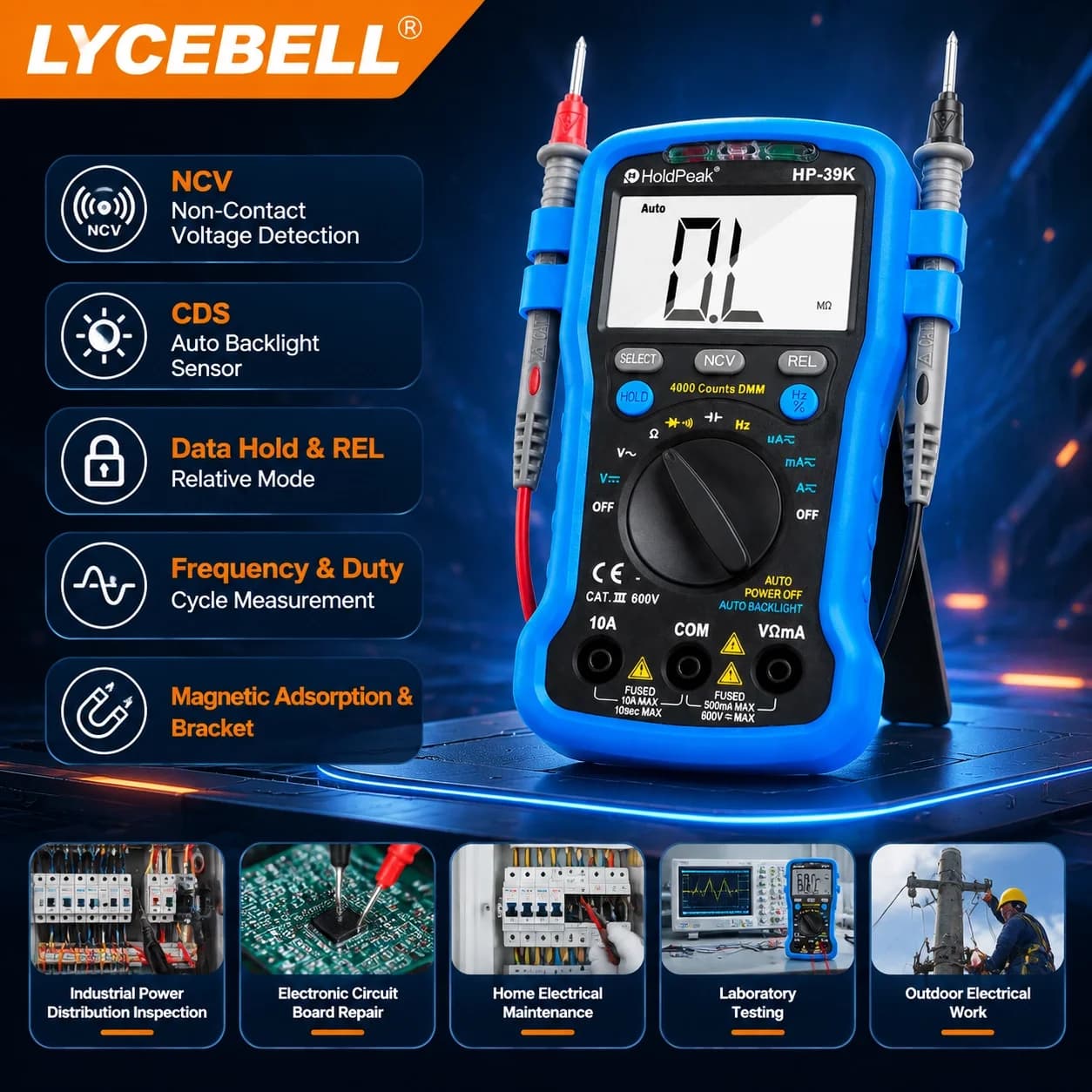 HoldPeak 39K Digital Multimeter 4000 Counts Auto Range AC/DC Voltage Current Capacitance Frequency NCV Backlight