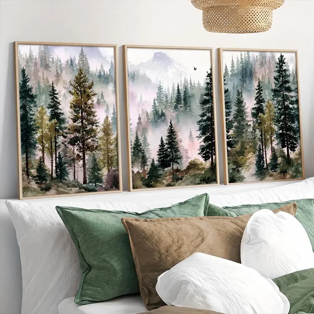 Watercolor Misty Pine Forest Mountain Painting Calligraphy 3 PCS Canvas Wall Art Prints for Living Room Decor Modern Wall Decals