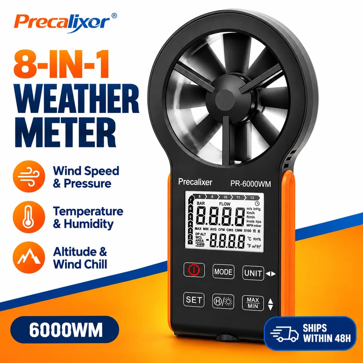Digital Anemometer Wind Speed Meter Air Flow Tester with Temperature Humidity Dew Point Wind Chill for HVAC Ventilation Testing