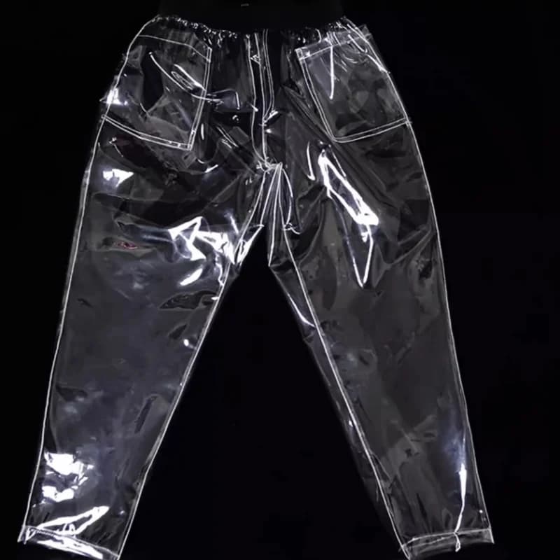 PVC Transparent High Waisted Nine Point Haren Pants Elastic Waisted Loose Plastic TPU Carrot Trousers Fashion Waterproof