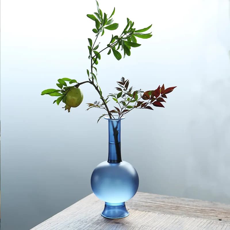 Japanese Peacock Blue Simple Glass Vase Chinese Zen Glazed Flower Arrangement Net Bottle Home Decoration Ornament Desktop