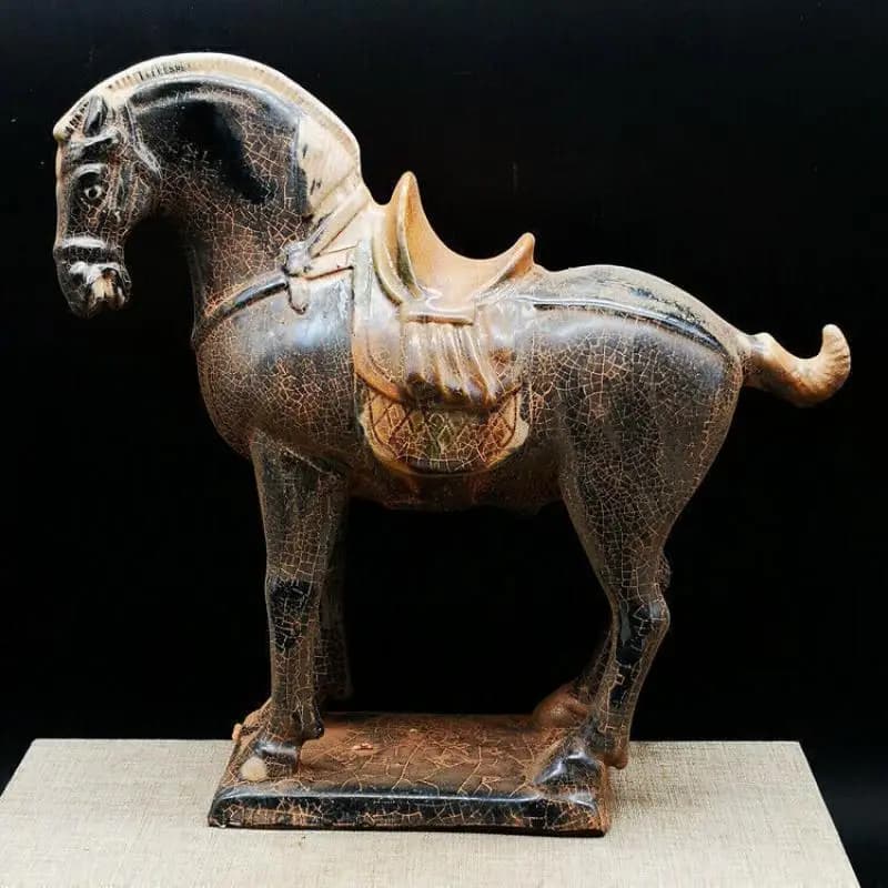 Collect Chinese Tang Dynasty Sancai Pottery War-horse Zodiac Wealth Statue 8.1"