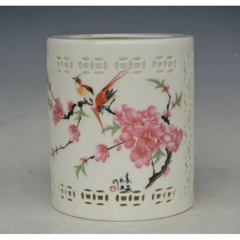 Chinese Porcelain Flowers Birds Pen Pencil Vase Brush Pot Pen Container