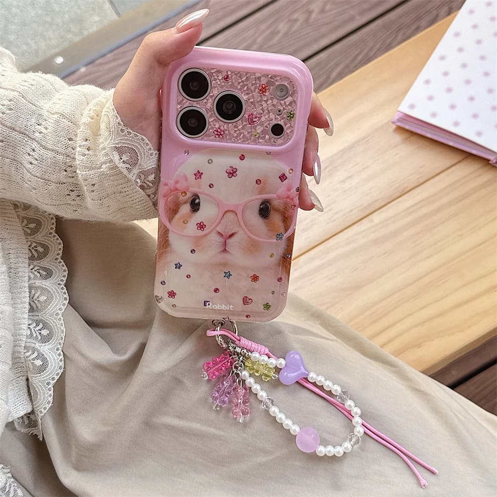 Fashion Korea Ins pink Rabbit Phone Case For iPhone 18 Pro 15 16 17 Pro Max Cover Shockproof Soft Cute Cases Funda Glitter