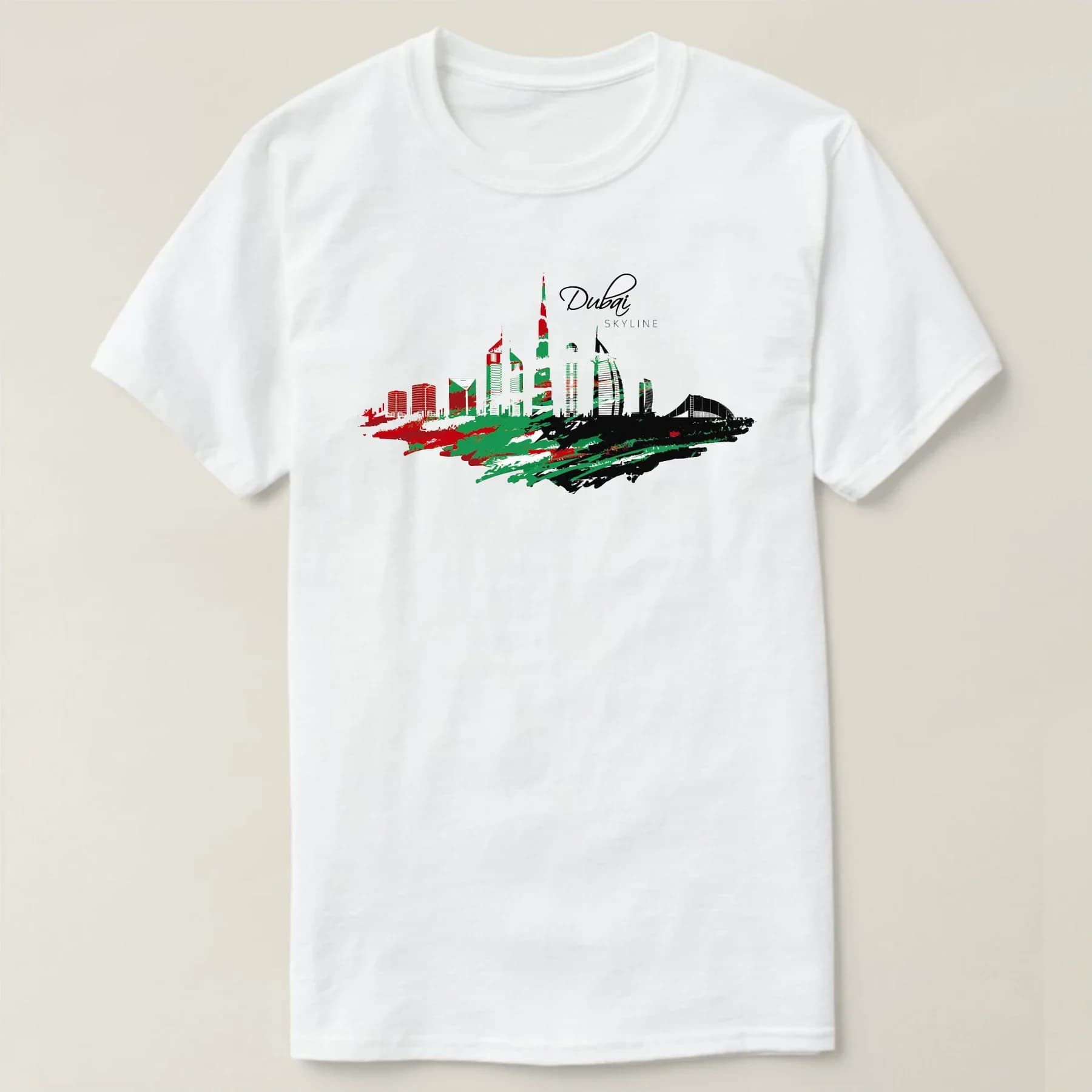 Dubai Skyline With Flag Colors T Shirt. Summer Cotton Short Sleeve O-Neck Mens T-shirt New S-3XL