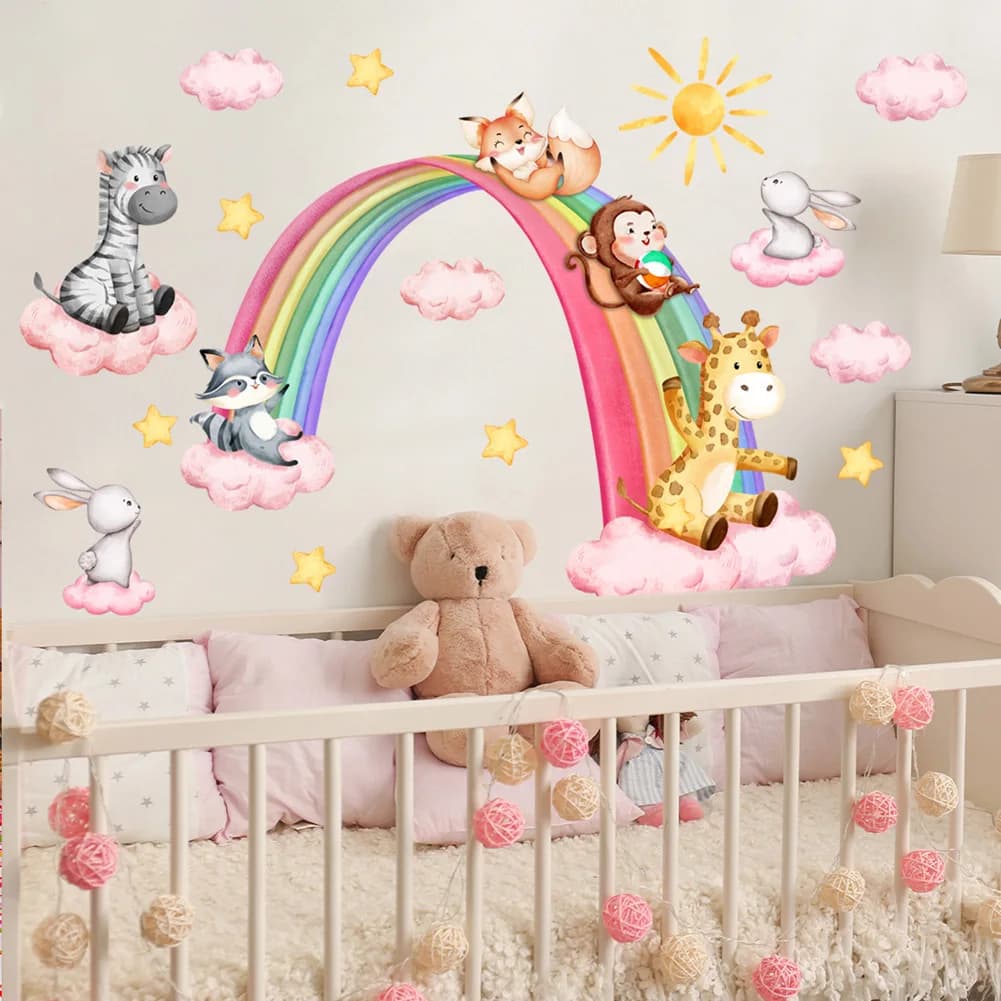 Cartoon Animals Rainbow Clouds Wall Stickers Kids Room Background Decor Mural Baby Bedroom Home Decoration Self-adhesive Decals