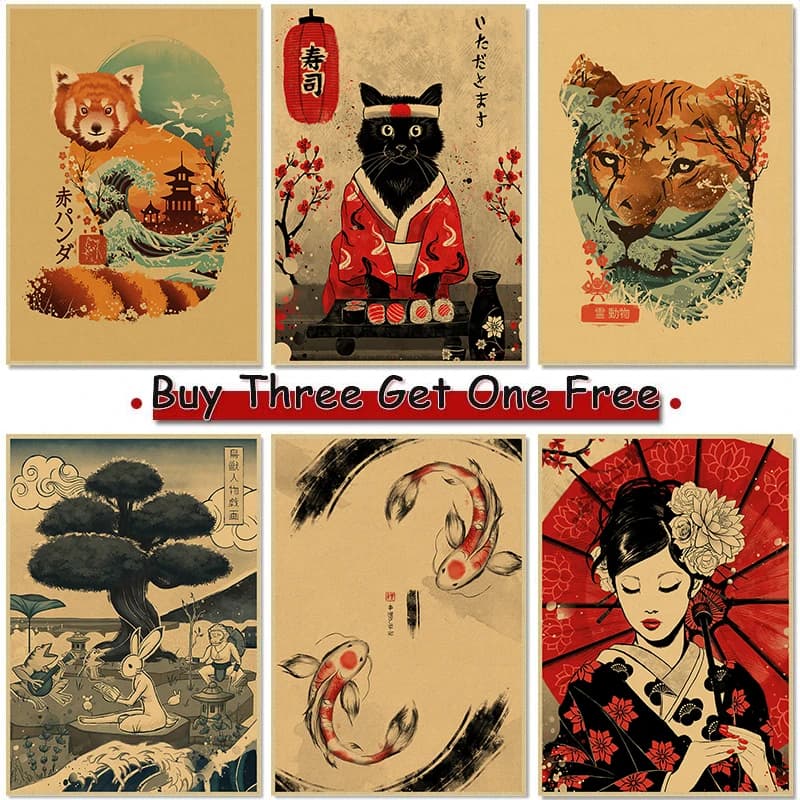 Aesthetic Japanese Ukiyo-e Cat Retro Kraft Paper Sticker DIY Wall Art Poster for Room Bar Cafe Decor Sticky Movie Poster