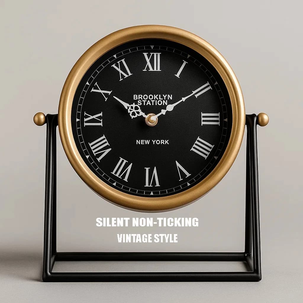 Silent Non-Ticking Vintage Table Clock, American Retro Desk Clock with Roman Numerals, Metal Frame for, Bedroom, Office Decro