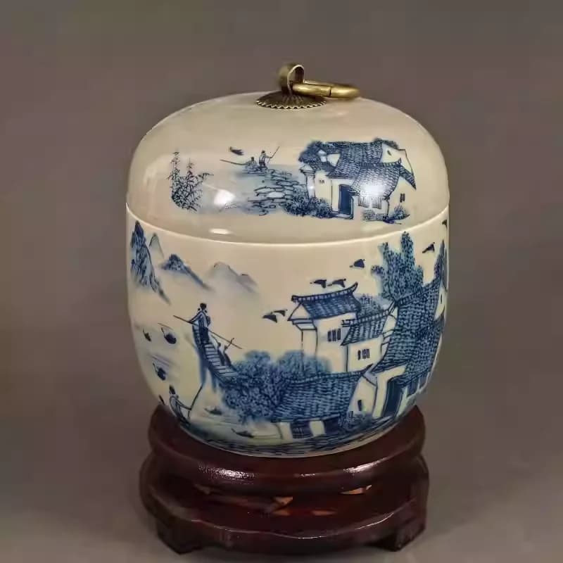 Retro Jiangnan Water Town Porcelain Jar Rural Old Ceramic Tea Storage Canister Antique Collectible Ornament