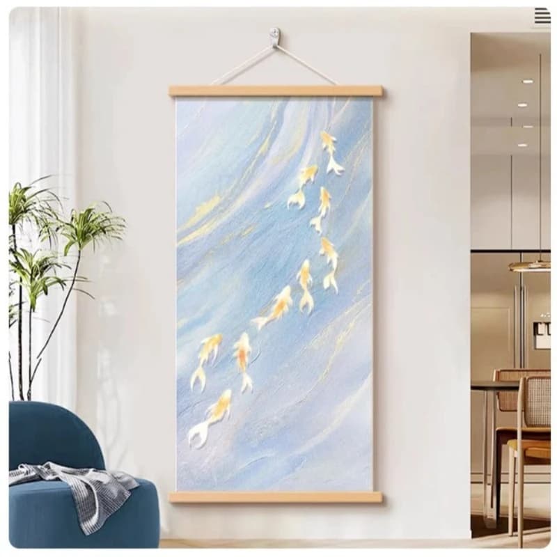 Wall Art Golden Koi Fish and Blue Water Cream Style Pearlescent Canvas Hanging Scroll with Wooden Rods for Entryway
