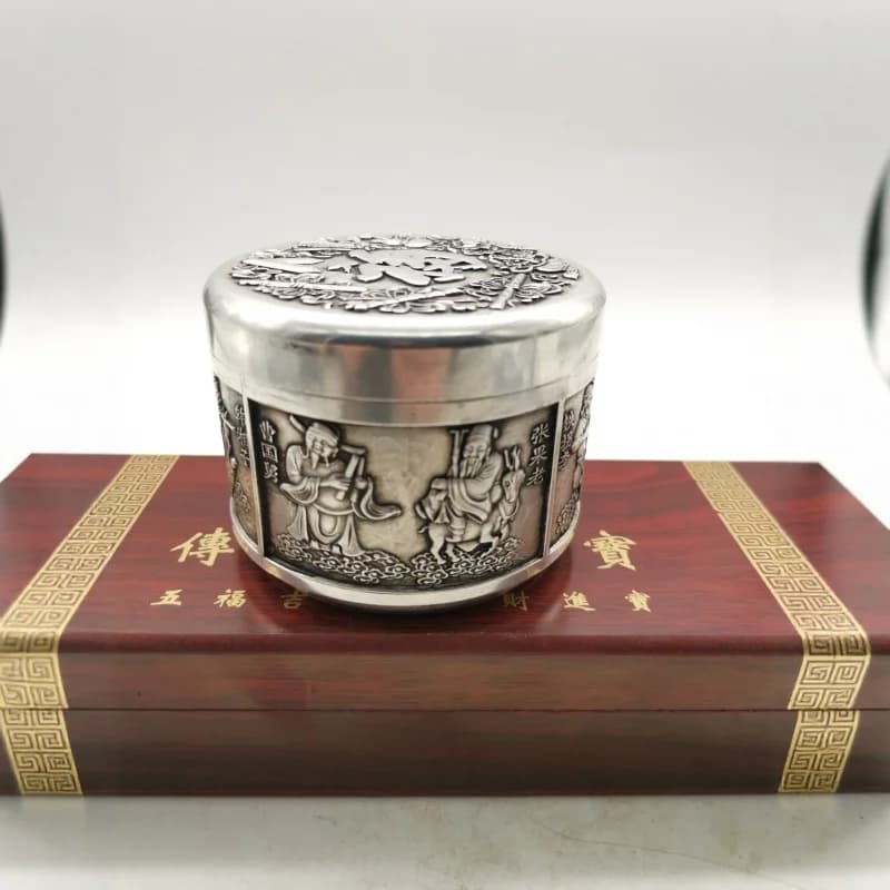 Crafts Bronze Eight Immortals Pure Copper Silver-Plated Tea Canister Office Desktop Storage Jar Craft Ornament
