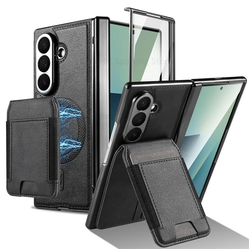 For Magsafe Leather Hinge Case For Samsung Z Fold7 5G Split Card Holder Book Stand Cover For Galaxy Z Fold 6 7 5 4 Tempered Film