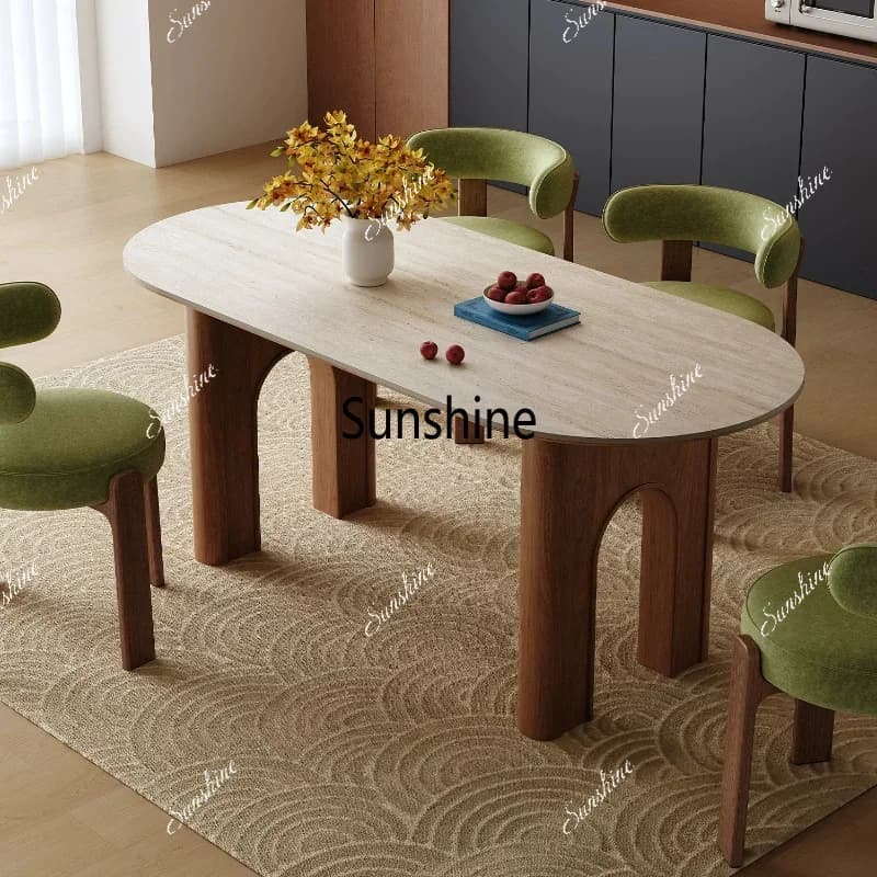 Medieval arch dining table retro oval travertine rock slab solid wood dining tableTJ