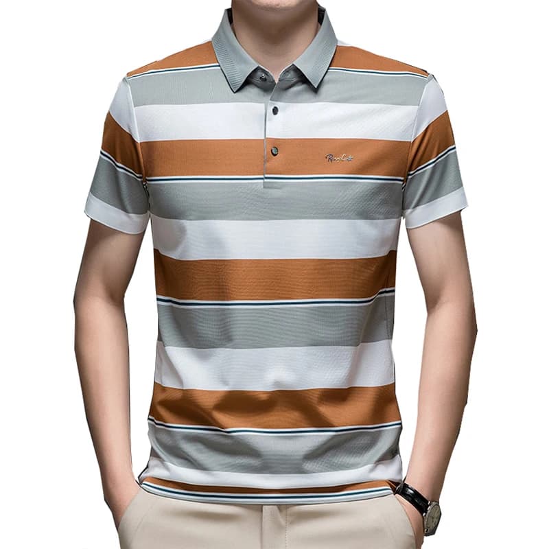 Summer new large size ice silk seamless men's polo shirt high quality brand short sleeve casual striped lapel POLO shirt men