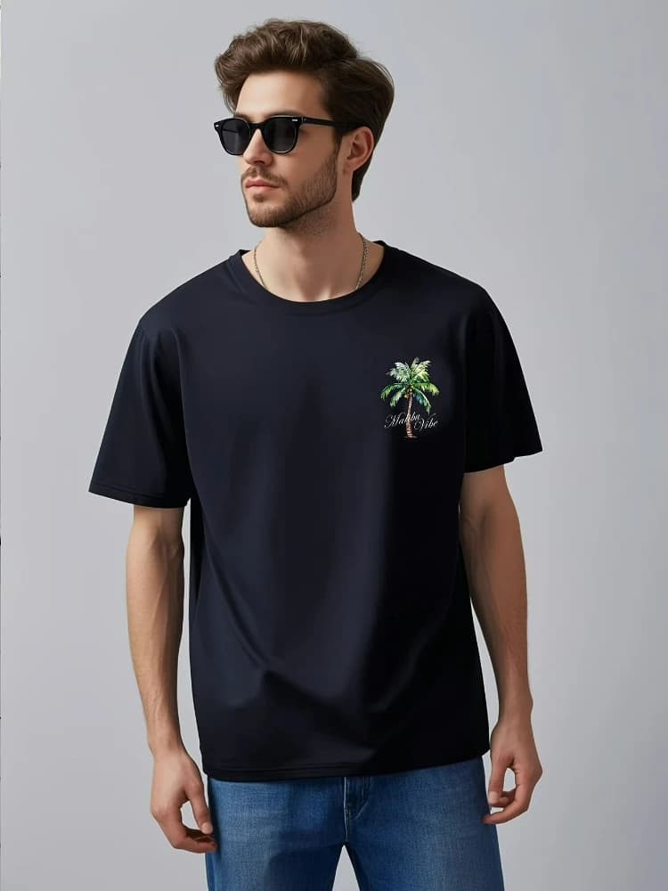 Palm Tree & Bold Letter pattern design -100% cotton summer O-neck short sleeve casual printed men's T-shirt.