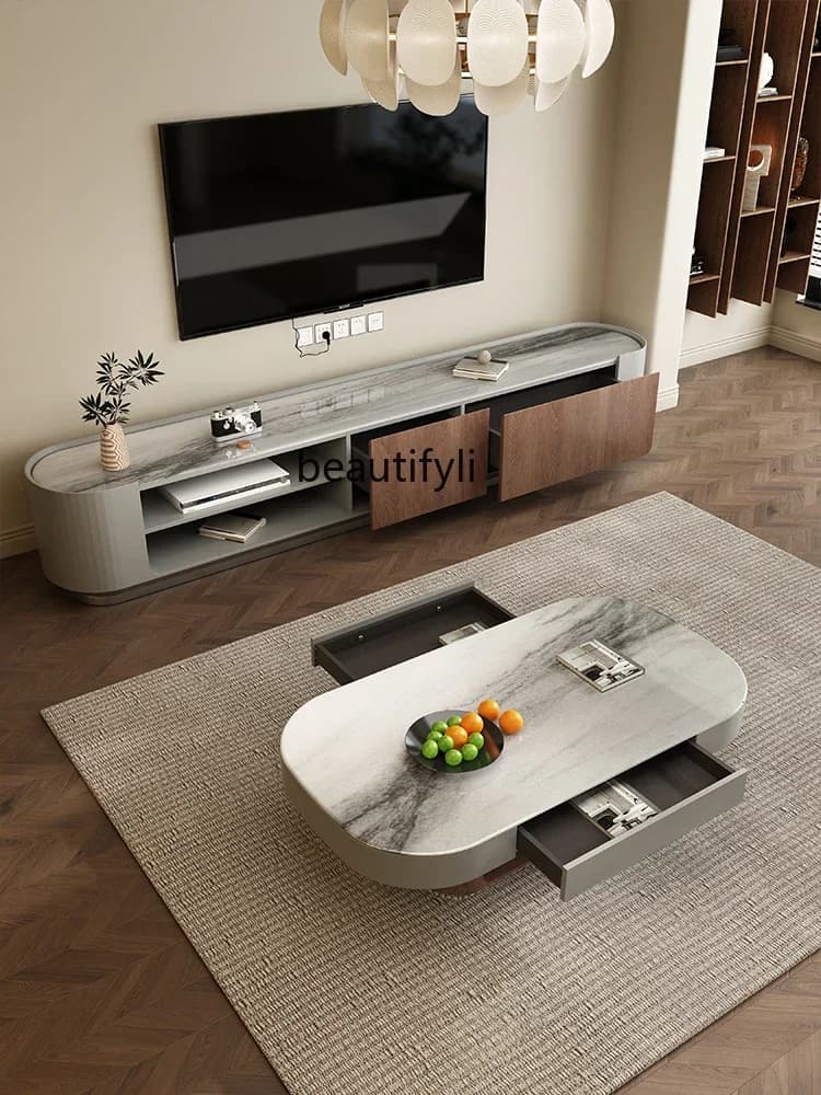 K185 Light Luxury Modern Microlite Coffee Table TV Cabinet Combination Retro Style Walnut Coffee Table Living Room Home