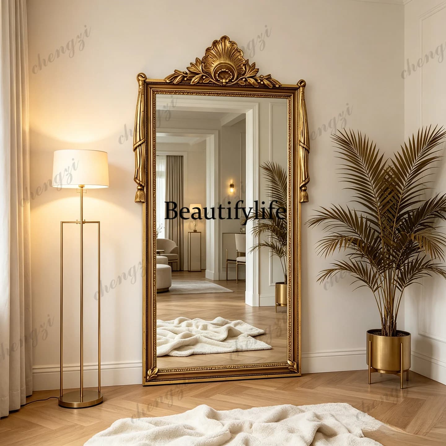French retro carved full-body mirror American cloakroom full-length mirror European living room floor-to-ceiling mirror