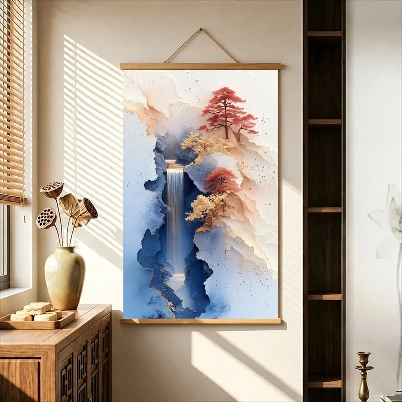 Chinese Landscape Pearlescent Canvas Wall Decorations Layered Peaks Silver Waterfall Hanging Scroll for Living Room