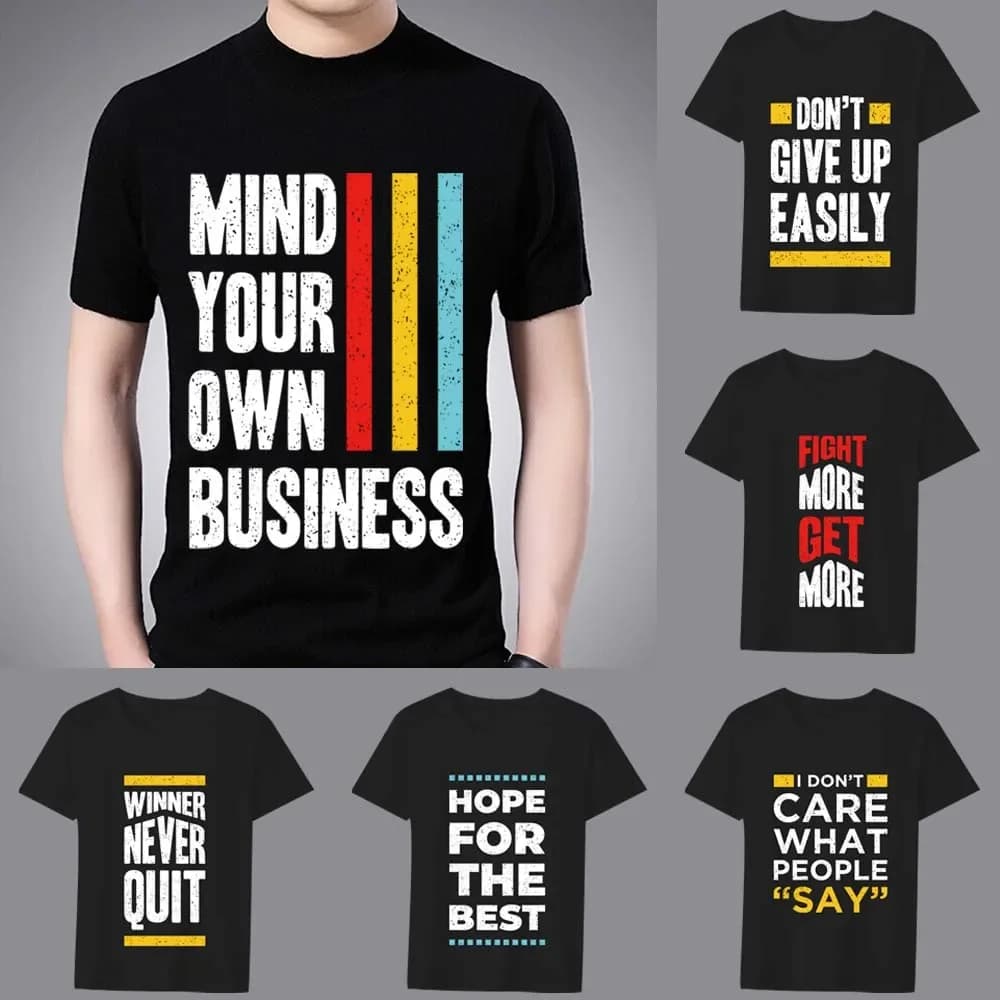Man's Summer Simple Black Harajuku Basic Slim T-shirt Round Neck Inspirational Phrase Printing Youth Comfortable Man's Soft Top