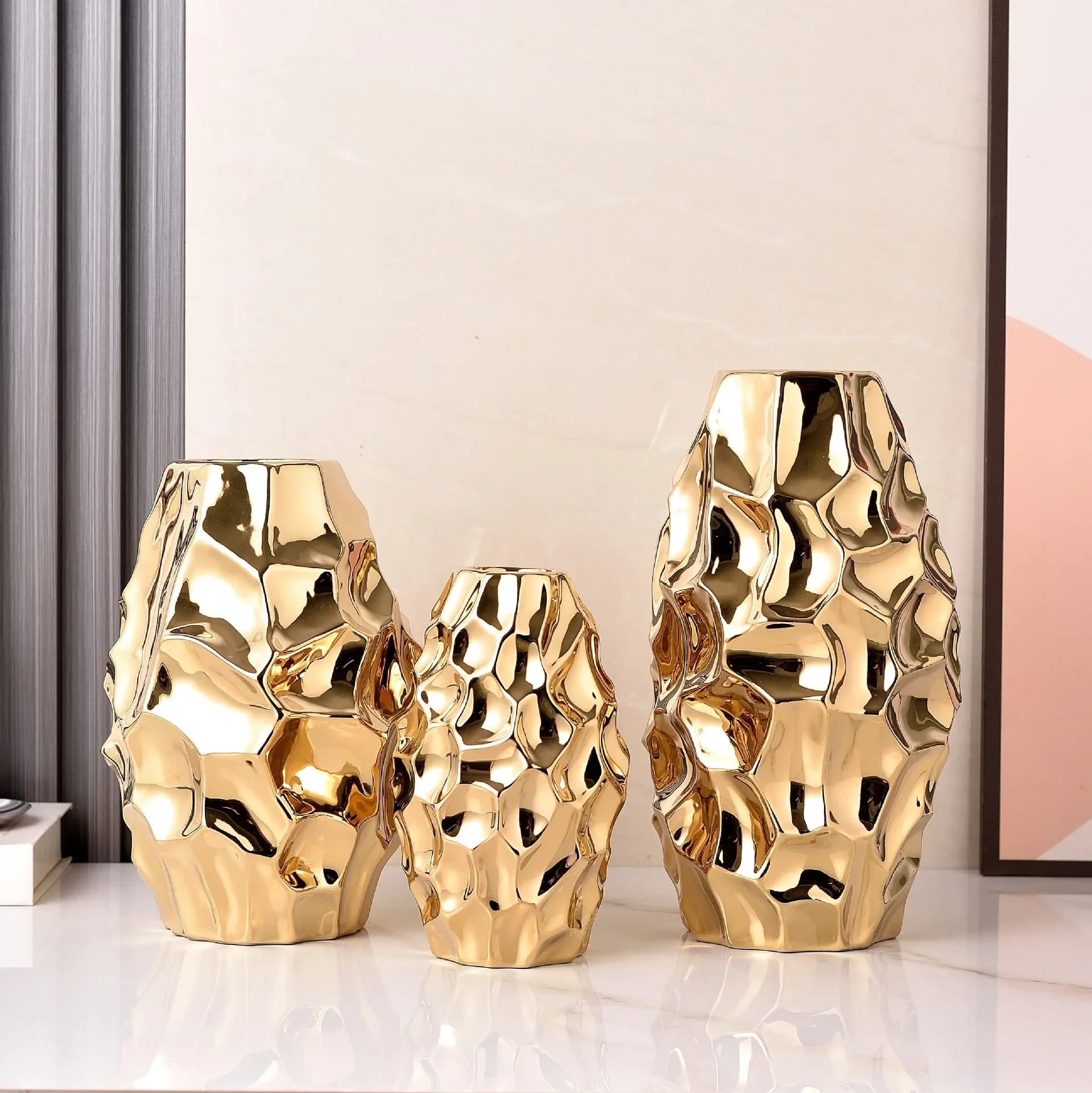 Simple Modern Fashion Electroplating Gold and Silver Ceramic Vase Home Soft Decorative Crafts Ornaments Living Room Ornaments
