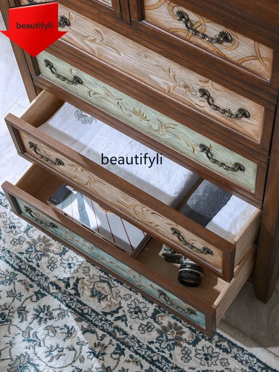 Q181 American chest solid wood retro painted side cabinet European living room bedroom entrance locker