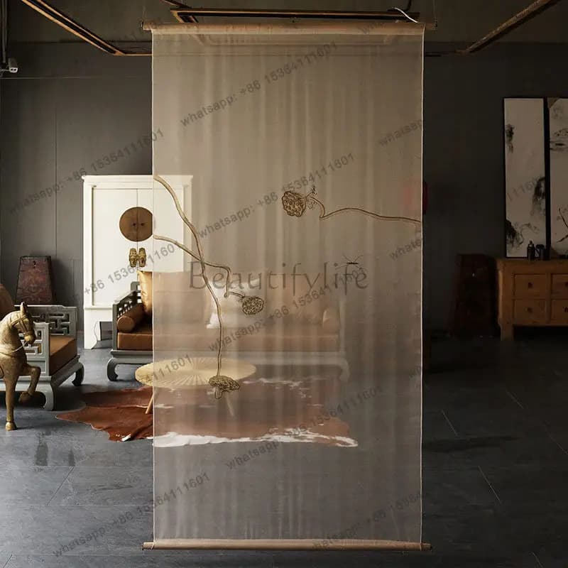 T new new Chinese screen partition living room entrance art silk hand-painted hanging screen soft curtain