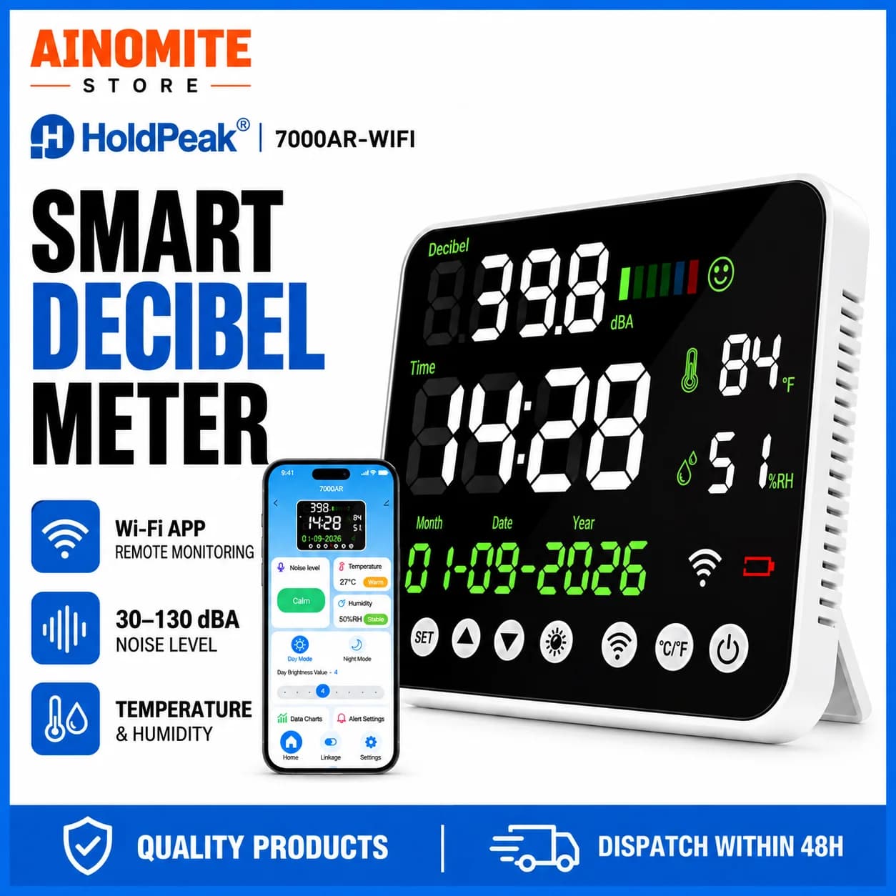Decibel Meter Wireless WiFi Sound Level Meter with Data Logging 30-130dB Digital SPL DB Meter Measures Time Temp Humidity