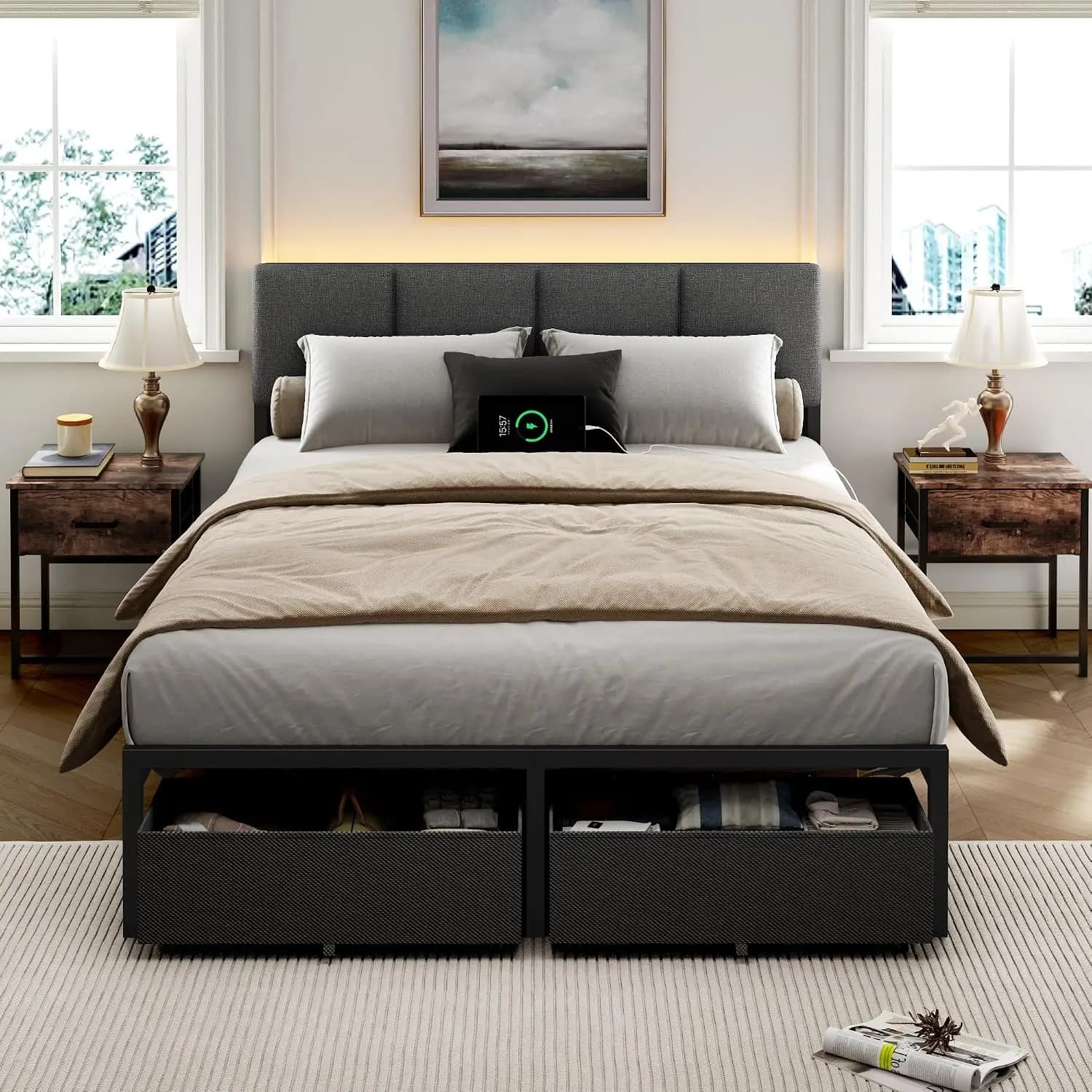 Full Size Bed Frame with Upholstered Headboard & 2 Storage Drawers, Customized