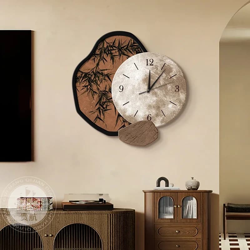 Living room wall clock decorative painting new Chinese art dining room clock hanging painting retro dining table lamp mural
