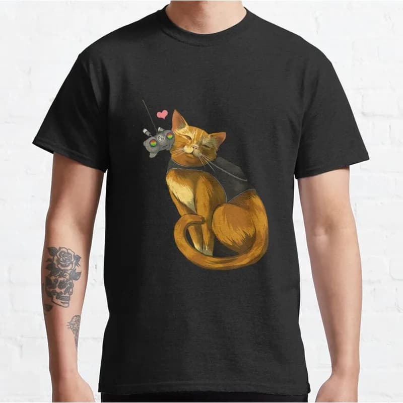 Stray Video Game Cat Graphic T‑Shirt O‑Neck Short Sleeve Unisex Tees Cyberpunk Stray Cat Print Casual Streetwear For Gamer Fans