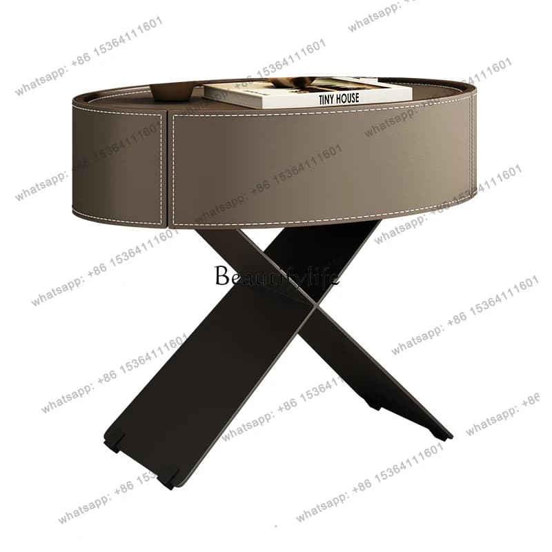 56Saddle leather bedside table Italian minimalist bedroom versatile creative light luxury solid wood