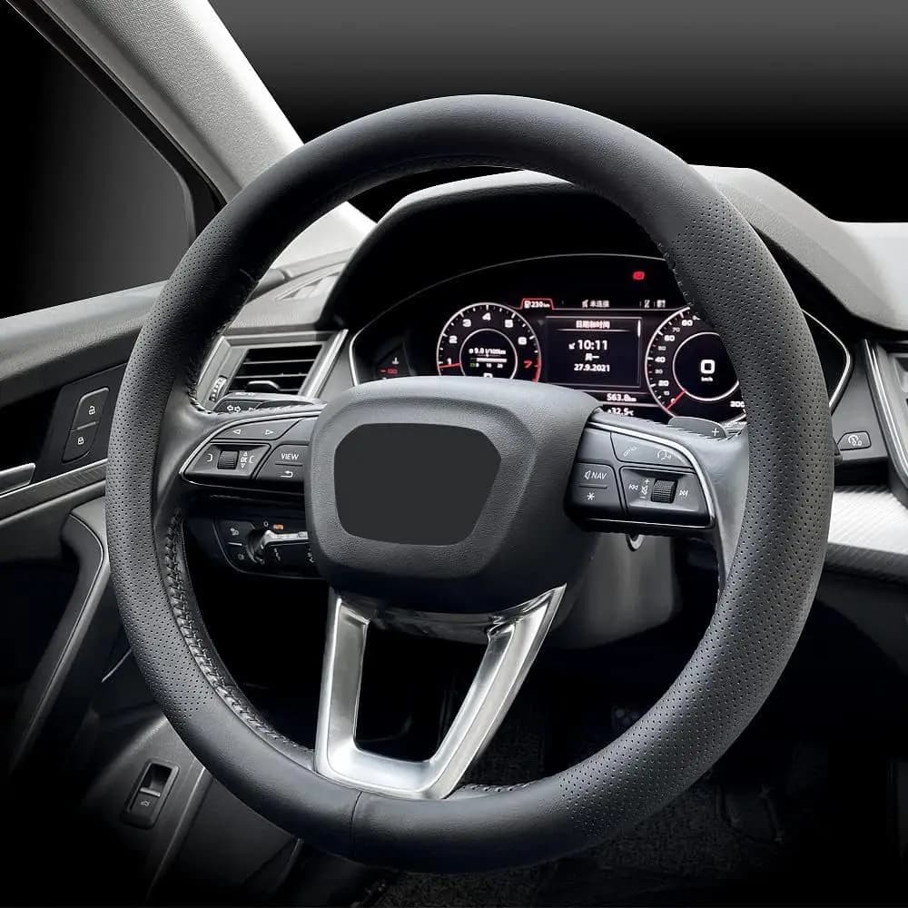 For Nissan Nappa leather car steering wheel cover for all seasons 15 inches 38 cm non-slip breathable black handle cover