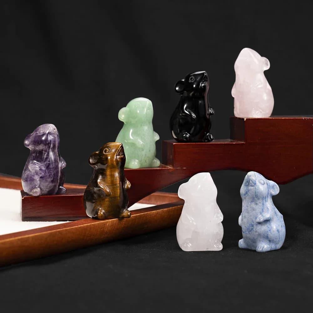 1.5" Rat Ornaments Cute Mini Natural Stone Crystal Mouse Figurine Twelve Zodiac Gemstone Carving Healing Home Decor Crafts Gift