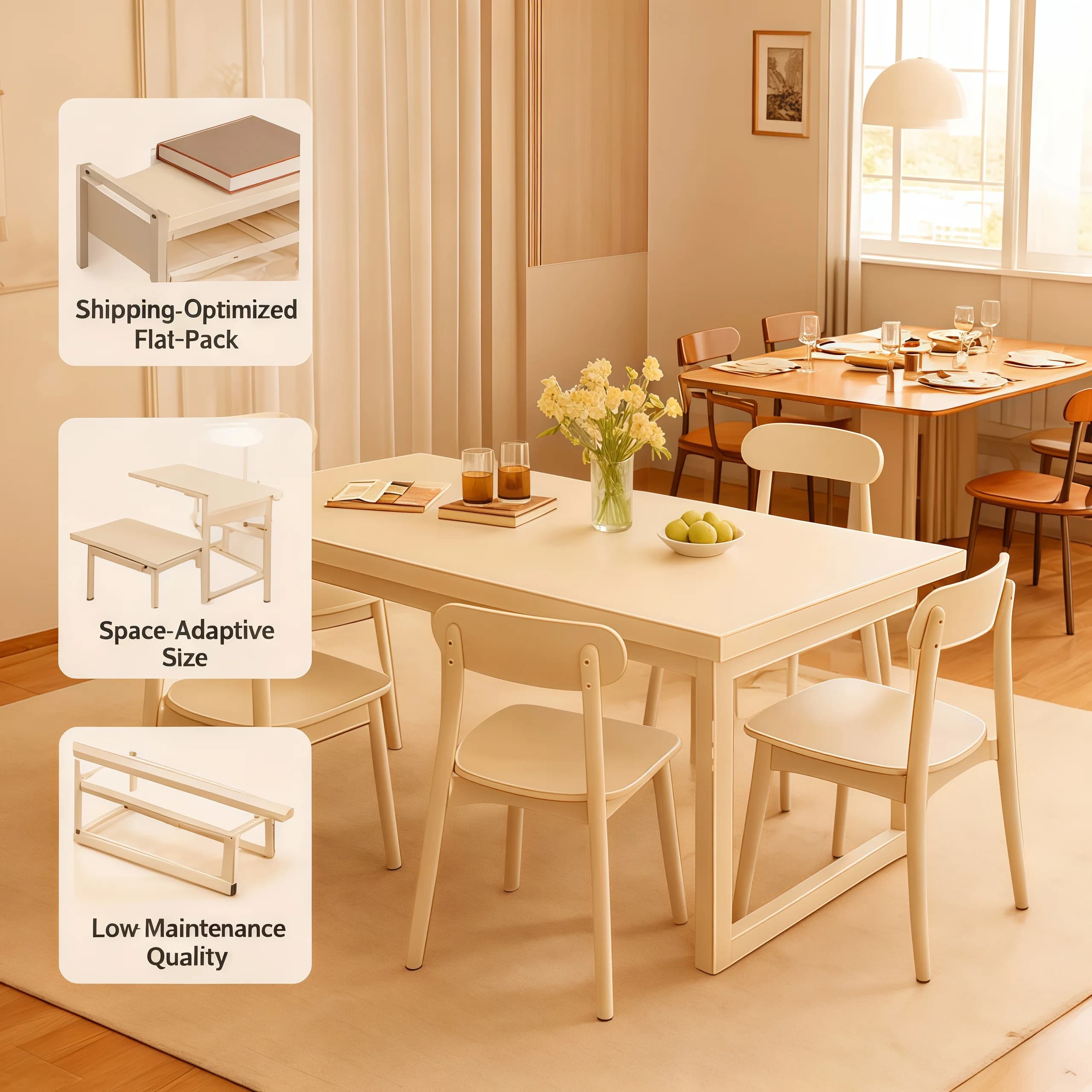 Dining Table Cream White Small Space Minimalist Solid Wood Legs Rectangular Dining Room Kitchen Table Set Chairs Furniture