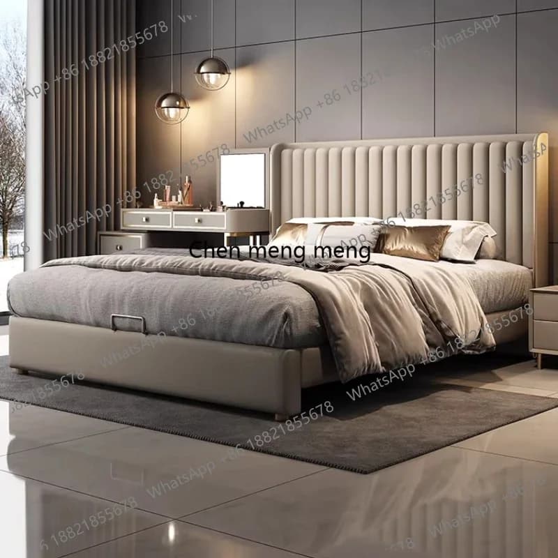 New high-end modern simplicity high backrest thin bedside master bedroom big bed leather flush edge E136