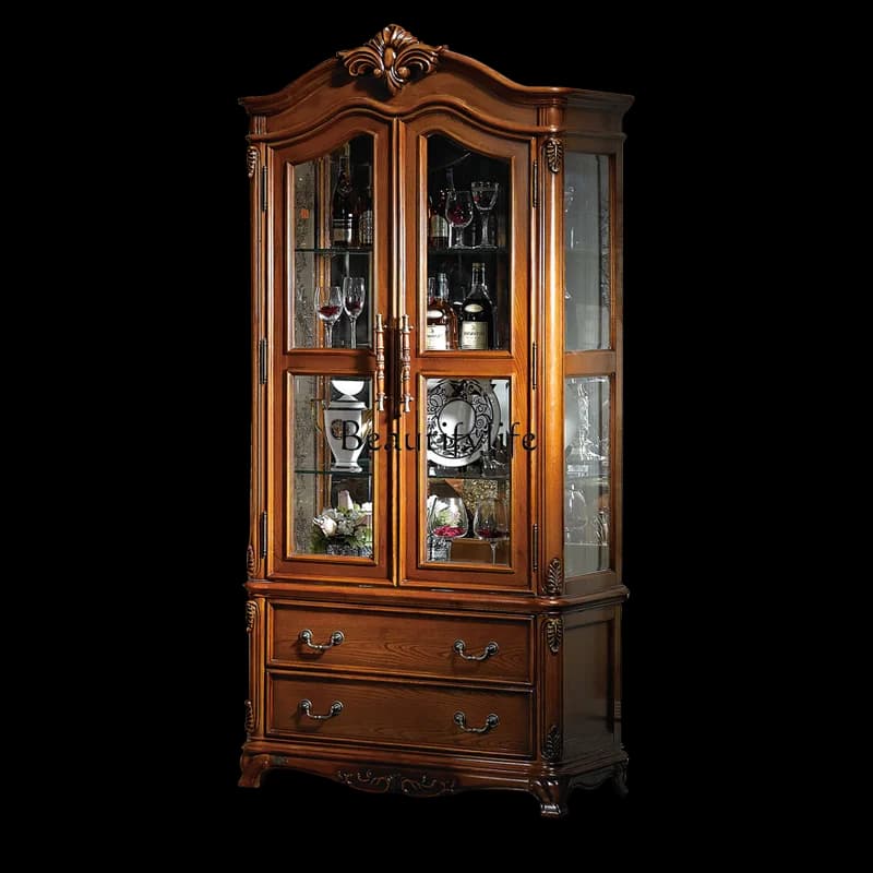 American solid wood double door wine cabinet luxury European style retro glass complete cabinet with door